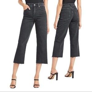 Express Mom Jean Size 8 Black Washed Stretch Cropped Raw Hem Denim